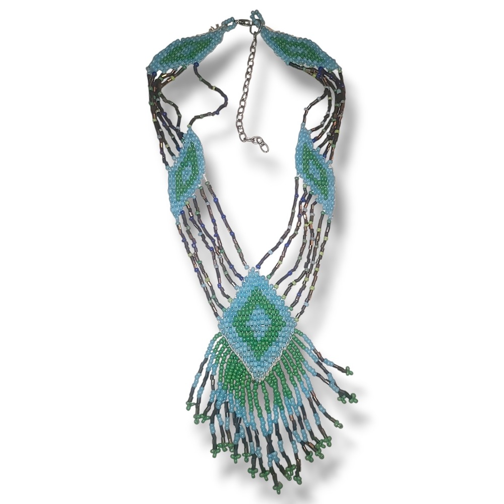 Handmade‎ Woven Seed Bead Necklace Blue Green Fringe Boho Tribal Statement 15in